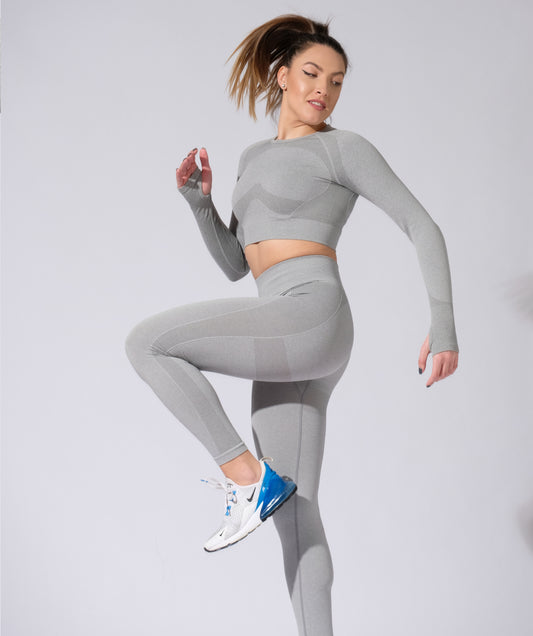 Flex Fitness Set with Hollow Out Back and Mid Waist Leggings in Pearl Grey