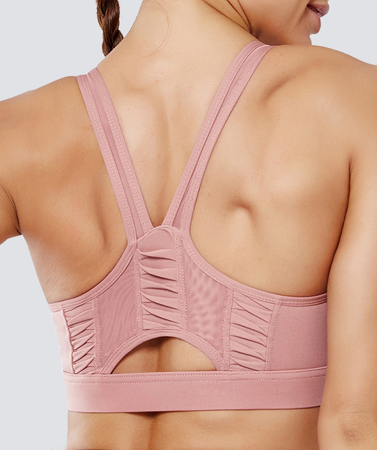 Vixen Sports Bra with Transparent Mesh V-Shaped Straps in Pastel Pink