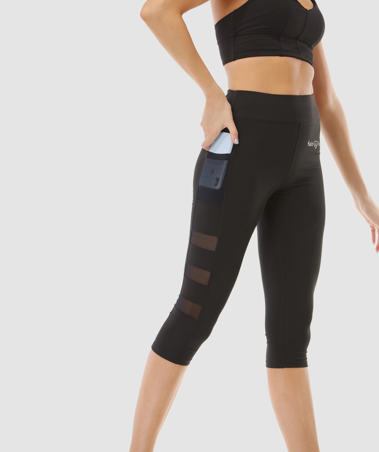 Speed 3/4 Capri Leggings with Transparent Mesh and Side Pockets in Bla –
